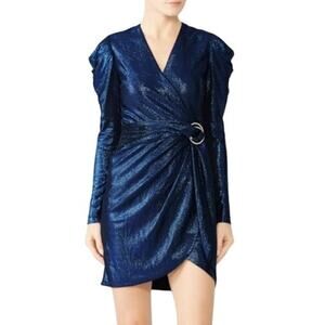 Jonathan Simkhai Mock Wrap Cocktail Dress Size Large Metallic Blue Long Sleeve